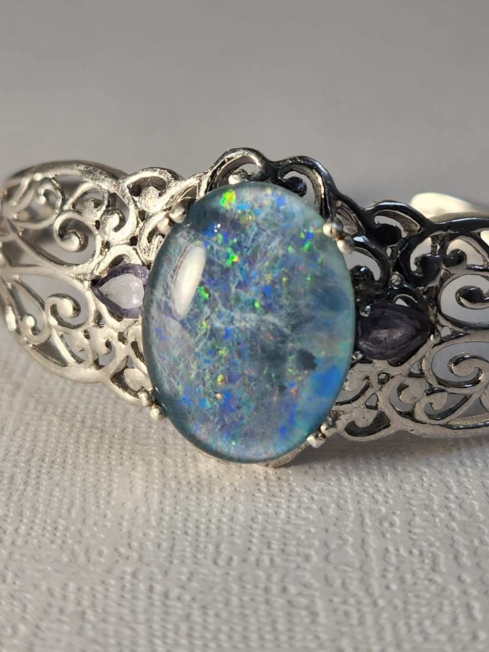 VTG Large Natural Opal & Amethyst 925 Filigree Cuff Btacelet - Picture 16 of 16